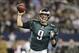 Dec 29, 2013; Arlington, TX, USA; Philadelphia Eagles quarterback Nick Foles (9) throws a pass in the fourth quarter against the Dallas Cowboys at AT&T Stadium. The Eagle beat the Cowboys 24-22. Mandatory Credit: Tim Heitman-USA TODAY Sports