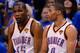 OKLAHOMA CITY, OK - JUNE 12: Kevin Durant #35 and Russell Westbrook #0 of the Oklahoma City Thunder sits on the scorer's table in the fourth quarter while taking on the Miami Heat in Game One of the 2012 NBA Finals at Chesapeake Energy Arena on June 12,