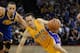 SHANGHAI, CHINA - OCTOBER 18: Steve Nash #10 of the Los Angeles Lakers drives against Stephen Curry #30 of the Golden State Warriors during the 2013 Global Games on October 18, 2013 at the Mercedes-Benz Arena in Shanghai, China. NOTE TO USER: User express
