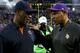 MINNEAPOLIS, MN - DECEMBER 09: Head coach Lovie Smith of the Chicago Bears congratulates head coach Leslie Frazier of the Minnesota Vikings after their game at Mall of America Field on December 9, 2012 in Minneapolis, Minnesota. (Photo by Matthew Stockma