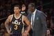Jan 3, 2014; Los Angeles, CA, USA; Utah Jazz guard Trey Burke (3) and coach Tyrone Corbin during the game against the Los Angeles Lakers at Staples Center. The Lakers defeated the Jazz 110-99. Mandatory Credit: Kirby Lee-USA TODAY Sports
