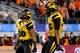 ARLINGTON, TX - JANUARY 03: Henry Josey #20 of the Missouri Tigers celebrates scoring a 25-yard touchdown with Blake Webb #85 in the fourth quarter against the Oklahoma State Cowboys during the AT&T Cotton Bowl on January 3, 2014 in Arlington, Texas. (P