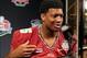 Jan 4, 2014; Newport Beach, CA, USA; Florida State Seminoles quarterback Jameis Winston (5) answers questions during Media Day at Newport Beach Marriott. Mandatory Credit: Matthew Emmons-USA TODAY Sports