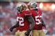 Dec 1, 2013; San Francisco, CA, USA; San Francisco 49ers inside linebacker Patrick Willis (52) and inside linebacker NaVorro Bowman (53) react after Willis recorded a sack against the St. Louis Rams in the fourth quarter at Candlestick Park. The 49ers def