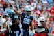 Oct 27, 2012; Chapel Hill, NC, USA; North Carolina Tar Heels tight end Eric Ebron (85) signals first down as North Carolina State Wolfpack defensive end Brian Slay (55) looks on in the first half at Kenan Stadium. Mandatory Credit: Bob Donnan-USA TODAY S