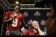 NEWPORT BEACH, CA - JANUARY 4: Head coach Jimbo Fisher (R) is interviewed by running back Karlos Williams #9 of the Florida State Seminoles during a Vizio BCS National Championship media day news conference January 4, 2014 in Newport Beach, California.