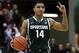 Jan 4, 2014; Bloomington, IN, USA; Michigan State Spartans guard Gary Harris (14) dribbles the ball during the second half against the Indiana Hoosiers at Assembly Hall. Michigan state won 73-56. Mandatory Credit: Pat Lovell-USA TODAY Sports