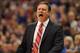 Jan 5, 2014; Lawrence, KS, USA; Kansas Jayhawks head coach Bill Self reacts to play during the first half of the game against the San Diego State Aztecs at Allen Fieldhouse. Mandatory Credit: Denny Medley-USA TODAY Sports