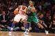 NEW YORK, NY - APRIL 23: Carmelo Anthony #7 of the New York Knicks dribbles against Paul Pierce #34 of the Boston Celtics during Game two of the Eastern Conference Quarterfinals of the 2013 NBA Playoffs at Madison Square Garden on April 23, 2013 in New Y