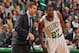 BOSTON, MA - DECEMBER 31: Head coach Brad Stevens and Jordan Crawford #27 of the Boston Celtics talk during a play against the Atlanta Hawks on December 31, 2013 at the TD Garden in Boston, Massachusetts. NOTE TO USER: User expressly acknowledges and agr