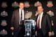 NEWPORT BEACH, CA - JANUARY 05: (L-R) Auburn Tigers Head Coach Gus Malzahn and Florida State Seminoles Head Coach Jimbo Fisher pose with the trophy during a Vizio BCS National Championship press conference at the Newport Beach Marriot Hotel and Spa on Ja