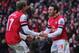 LONDON, ENGLAND - FEBRUARY 23: Santi Cazorla of Arsenal celebrates scoring to make it 2-1 with Nacho Monreal during the Barclays Premier League match between Arsenal and Aston Villa at the Emirates Stadium on February 23, 2013 in London, England. (Photo