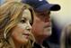 August 10, 2012; El Segundo, CA, USA; Los Angeles Lakers Jeanie Buss and Jim Buss during a press conference held to introduce the three-time defensive player of the year who was aquired in a four-team trade from the Orlando Magic, Los Angeles Lakers cen