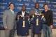 Apr 26, 2013; St. Louis, MO, USA; St. Louis Rams head coach Jeff Fisher (left) poses for a photo with 2013 first round draft picks Tavon Austin and Alec Ogletree and general manager Les Snead (right) during a press conference at ContinuityX Training Cente