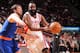 HOUSTON, TX - JANUARY 3: James Harden #13 of the Houston Rockets drives against Beno Udrih #18 of the New York Knicks on January 3, 2014 at the Toyota Center in Houston, Texas. NOTE TO USER: User expressly acknowledges and agrees that, by downloading and