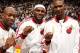 MIAMI, FL - OCTOBER 29: Dwyane Wade #3, LeBron James #6 and Chris Bosh #1 of the Miami Heat holds up their rings during the ceremony before the game against the Chicago Bulls on October 29, 2013 at American Airlines Arena in Miami, Florida. NOTE TO USER: