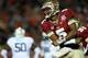 PASADENA, CA - JANUARY 06: Quarterback Jameis Winston #5 of the Florida State Seminoles celebrates after a 2-yard pass for a touchdown to take a 33-31 lead over the Auburn Tigers in the final moments of the fourth quarter during the 2014 Vizio BCS Nation