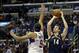 Dec 18, 2013; Los Angeles, CA, USA; New Orleans Pelicans center Jason Smith (14) shoots over Los Angeles Clippers small forward Jared Dudley (9) during the third quarter at Staples Center. Mandatory Credit: Richard Mackson-USA TODAY Sports