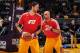 LOS ANGELES, CA - JANUARY 3: Pau Gasol #16 and Robert Sacre #50 of the Los Angeles Lakers warm up before a game against the Utah Jazz at STAPLES Center on January 3, 2013 in Los Angeles, California. NOTE TO USER: User expressly acknowledges and agrees tha