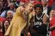 May 2, 2013; Chicago, IL, USA; Brooklyn Nets head coach P.J. Carlesimo talks with small forward Gerald Wallace (45) during the second half against the Chicago Bulls in game six of the first round of the 2013 NBA Playoffs at the United Center. The Nets bea