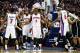 Dec 13, 2013; Auburn Hills, MI, USA; Detroit Pistons shooting guard Rodney Stuckey (3) celebrates with teammates point guard Brandon Jennings (7) and small forward Josh Smith (6) during the second quarter against the Brooklyn Nets at The Palace of Auburn