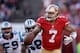 SAN FRANCISCO, CA - NOVEMBER 10: Colin Kaepernick #7 of the San Francisco 49ers is pressured by Thomas Davis #58 and Luke Kuechly #59 of the Carolina Panthers at Candlestick Park on November 10, 2013 in San Francisco, California. (Photo by Ezra Shaw/Get