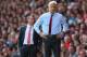 LIVERPOOL, ENGLAND - SEPTEMBER 02: Arsene Wenger the manager of Arsenal and Brendan Rodgers the manager of Liverpool look on during the Barclays Premier League match between Liverpool and Arsenal at Anfield on September 2, 2012 in Liverpool, England. (