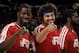 CLEVELAND, OH - JANUARY 7: Henry Sims #14 and Anderson Varejao #17 of the Cleveland Cavaliers smiles wide prior to the game against the Philadelphia 76ers at The Quicken Loans Arena on January 7, 2014 in Cleveland, Ohio. NOTE TO USER: User expressly ackn
