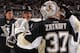 PITTSBURGH, PA - NOVEMBER 22: Jeff Zatkoff #37 of the Pittsburgh Penguins is congratulated by Sidney Crosby #87 after the game against the New York Islanders on November 22, 2013 at Consol Energy Center in Pittsburgh, Pennsylvania. (Photo by Gregory Shamu