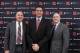 Nov 20, 2012; Piscataway, NJ, USA; Rutgers president Robert Barchi (right) and athletic director Tim Pernetti (middle) and Big Ten commissioner Jim Delany (left) pose for a photo at a press conference announcing the move of the Rutgers Scarlet Knights fro