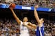 GREENSBORO, NC - MARCH 18: Kendall Marshall #5 of the North Carolina Tar Heels is fouled by Ethan Wragge #34 of the Creighton Bluejays in the second half during the third round of the 2012 NCAA Men's Basketball Tournament at Greensboro Coliseum on March