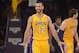 Jan 3, 2014; Los Angeles, CA, USA; Los Angeles Lakers guard Kendall Marshall (12) celebrates after a 3-point basket in the final minute against the Utah Jazz at Staples Center. The Lakers defeated the Jazz 110-99. Mandatory Credit: Kirby Lee-USA TODAY Spo