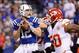 Jan 4, 2014; Indianapolis, IN, USA; Indianapolis Colts quarterback Andrew Luck (12) during the 2013 AFC wild card playoff football game against the Kansas City Chiefs at Lucas Oil Stadium. Mandatory Credit: Thomas J. Russo-USA TODAY Sports
