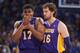 OKLAHOMA CITY, OK - MAY 21: Andrew Bynum #17 of the Los Angeles Lakers and Pau Gasol #16 of the Los Angeles Lakers look on in Game Five of the Western Conference Semifinals between the Los Angeles Lakers and the Oklahoma City Thunder during the 2012 NBA