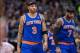 Jan 5, 2014; Dallas, TX, USA; New York Knicks power forward Kenyon Martin (3) and small forward Carmelo Anthony (7) walk on to the court to face the Dallas Mavericks during the second half at the American Airlines Center. Anthony leads team with 19 points