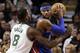 Dec 18, 2013; Boston, MA, USA; Detroit Pistons small forward Josh Smith (6) looks for an opening around Boston Celtics shooting guard Jeff Green (8) during the fourth quarter of Detroit's 107-106 win at TD Garden. Mandatory Credit: Winslow Townson-USA TOD