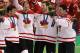 VANCOUVER, BC - FEBRUARY 28: (L-R) Patrice Bergeron #37, Ryan Getzlaf #51, Rick Nash #61 and Sidney Crosby #87 of Canada celebrate after the ice hockey men's gold medal game between USA and Canada on day 17 of the Vancouver 2010 Winter Olympics at Canada
