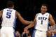 Dec 19, 2013; New York, NY, USA; Duke Blue Devils forward Jabari Parker (1) celebrates with Duke Blue Devils forward Rodney Hood (5) after scoring against the UCLA Bruins during the second half at Madison Square Garden. The Blue Devils won 80-63. Mandator