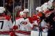 UNIONDALE, NY - JANUARY 04: Brett Sutter #42 of the Carolina Hurricanes celebrates his goal at 14:09 of the second period against the New York Islanders at the Nassau Veterans Memorial Coliseum on January 4, 2014 in Uniondale, New York. (Photo by Bruce B