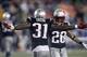 Sep 12, 2013; Foxborough, MA, USA; New England Patriots cornerback Aqib Talib (31) celebrates an interception against the New York Jets with strong safety Steve Gregory (28) during the second half at Gillette Stadium. Mandatory Credit: Mark L. Baer-USA TO