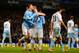 MANCHESTER, ENGLAND - JANUARY 08: Edin Dzeko of Manchester City celebrates with team mates after socring their fifth goal during the Capital One Cup Semi-Final first leg match between Manchester City and West Ham United at Etihad Stadium on January 8, 20
