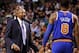 Mar 26, 2013; Boston, MA, USA; New York Knicks head coach Mike Woodson speaks with shooting guard J.R. Smith (8) during the second half of a game against the Boston Celtics at TD Garden. Mandatory Credit: Mark L. Baer-USA TODAY Sports