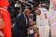 NEW YORK, NY - DECEMBER 11: Head Coach Mike Woodson draws up a play for J.R. Smith #8 of the New York Knicks against the Chicago Bulls during the game on December 11, 2013 at Madison Square Garden in New York City, New York. NOTE TO USER: User expressly a