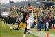 Dec 29, 2013; Pittsburgh, PA, USA; Cleveland Browns wide receiver Josh Gordon (right) reaches for a pass in the endzone as Pittsburgh Steelers cornerback Ike Taylor (left) defends during the fourth quarter at Heinz Field. The Pittsburgh Steelers won 20-7.