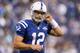 INDIANAPOLIS, IN - NOVEMBER 10: Andrew Luck #12 of the Indianapolis Colts walks off of the field after throwing his third interception during the game against the St. Louis Rams at Lucas Oil Stadium on November 10, 2013 in Indianapolis, Indiana. (Photo