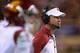 TEMPE, AZ - SEPTEMBER 28: Head coach Lane Kiffin of the USC Trojans looks on during the college football game against the Arizona State Sun Devils at Sun Devil Stadium on September 28, 2013 in Tempe, Arizona. The Sun Devils defeated the Trojans 62-41.