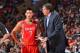 PHILADELPHIA, PA - NOVEMBER 13: Kevin McHale, Head Coach of the Houston Rockets shares a word with Jeremy Lin #7 during the game against the Philadelphia 76ers at the Wells Fargo Center on November 13, 2013 in Philadelphia, Pennsylvania. NOTE TO USER: Use