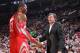 PORTLAND, OR - NOVEMBER 5: Dwight Howard #12 and Kevin McHale of the Houston Rockets talk against the Portland Trail Blazers on November 5, 2013 at the Moda Center Arena in Portland, Oregon. NOTE TO USER: User expressly acknowledges and agrees that, by d