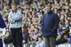 LIVERPOOL, ENGLAND - MAY 11: Managers David Moyes of Everton (left) and Sir Alex Ferguson of Man Utd watch the game from the sidelines during the FA Barclaycard Premiership match between Everton and Manchester United on May 11, 2003 at Goodison Park in L