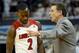 Jan 9, 2014; Louisville, KY, USA; Louisville Cardinals head coach Rick Pitino talks with guard Russ Smith (2) during the first half against the Memphis Tigers at the KFC Yum! Center. Mandatory Credit: Jamie Rhodes-USA TODAY Sports